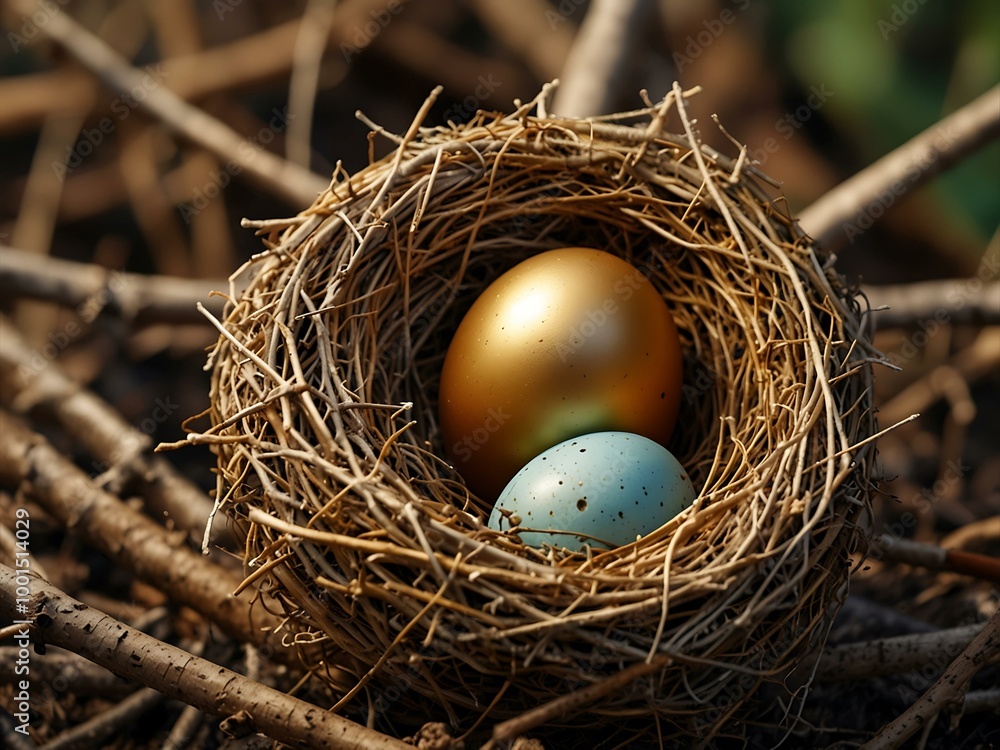 Bird's nest with a golden egg, representing nurtured potential and resource management. Bird's nest with a golden egg, representing nurtured potential and resource management.