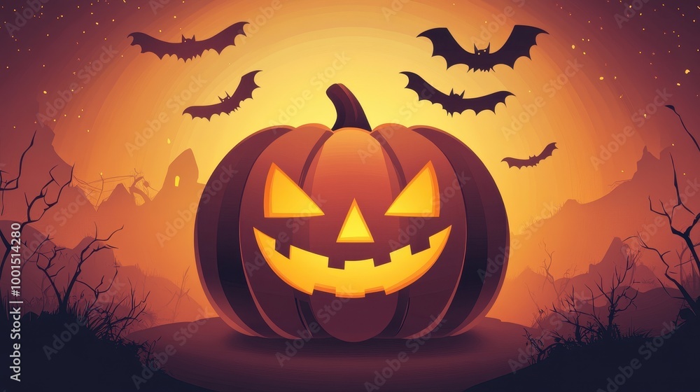A carved Halloween pumpkin glows brightly, surrounded by bats against a foggy night backdrop A carved Halloween pumpkin glows brightly, surrounded by bats against a foggy night backdrop