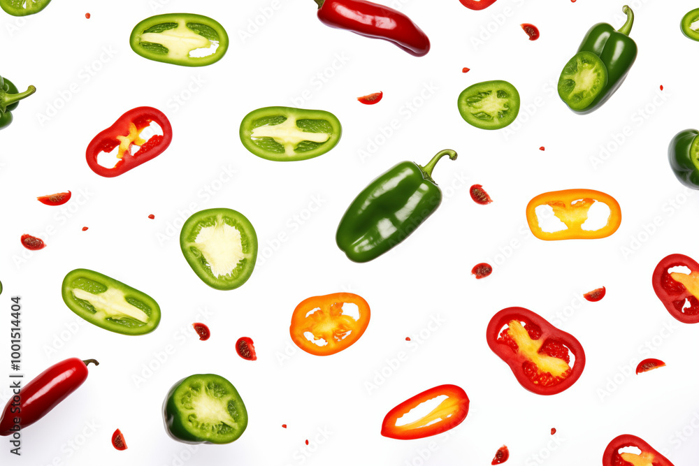 Capsicum slices Flying in the air for design Background Capsicum slices Flying in the air for design Background