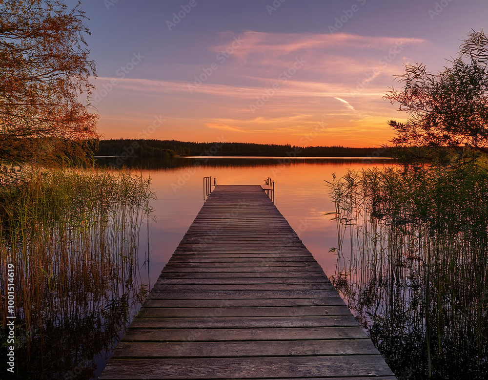 Obraz premium A serene wooden jetty stretches over a tranquil lake at sunset