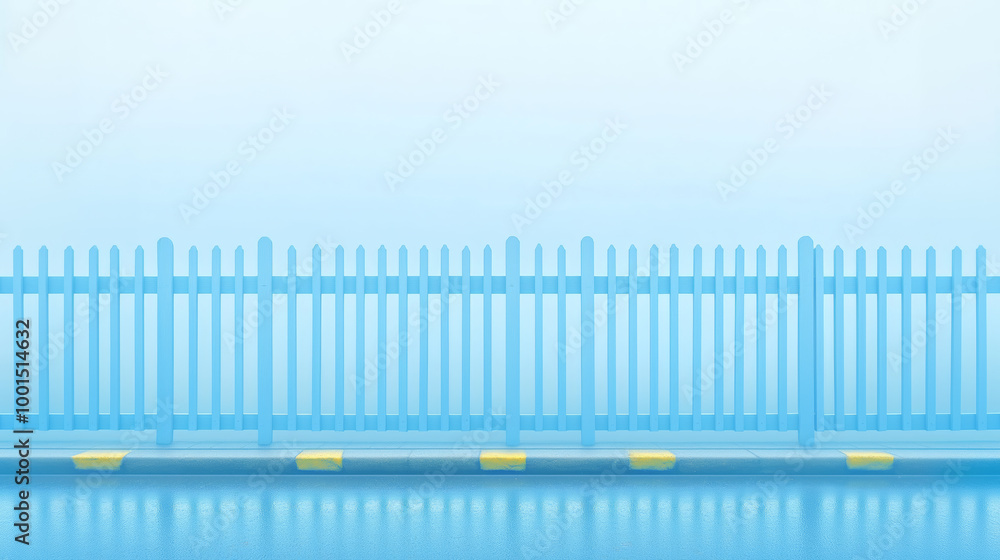 A calm blue morning with a wooden fence and yellow markings near a quiet road A calm blue morning with a wooden fence and yellow markings near a quiet road