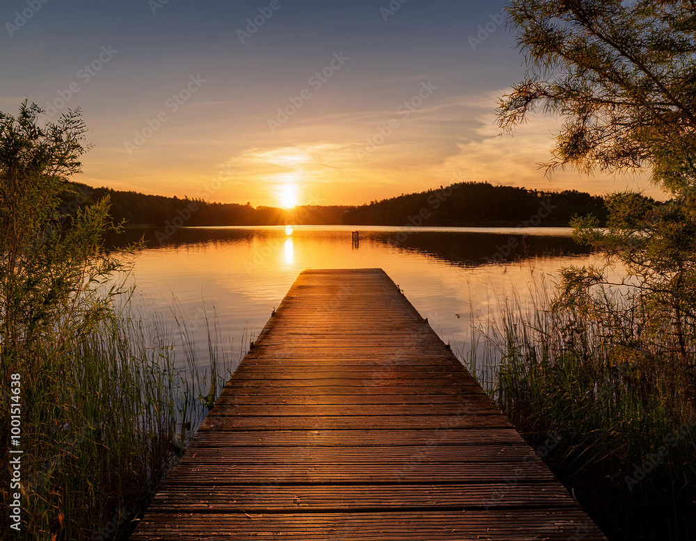 Fototapeta premium A serene wooden jetty stretches over a tranquil lake at sunset