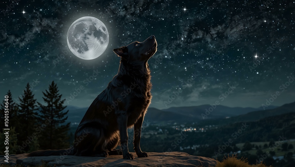 custom made wallpaper toronto digitalBlack dog howling at the full moon in a starry night.