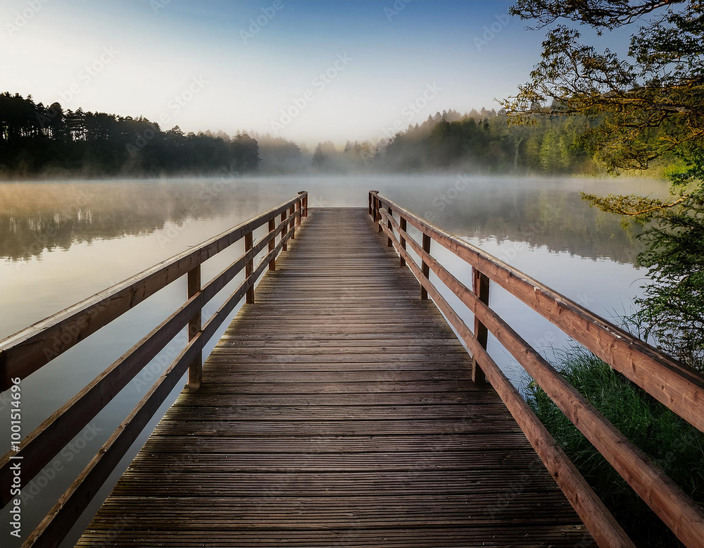 Wooden jetty extending over a misty lake at dawn with lush greenery in the background Wooden jetty extending over a misty lake at dawn with lush greenery in the background