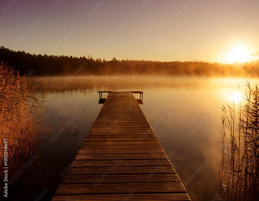 A serene wooden jetty stretches over a tranquil lake at sunsetin in a warm golden glow A serene wooden jetty stretches over a tranquil lake at sunsetin in a warm golden glow