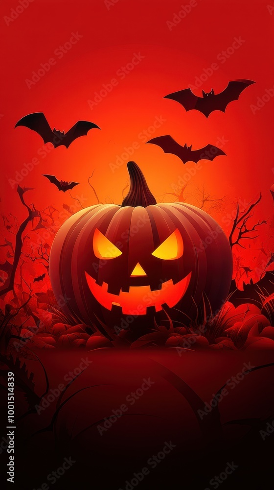 A carved pumpkin glows in the fog, accompanied by abstract bats on a mysterious Halloween night A carved pumpkin glows in the fog, accompanied by abstract bats on a mysterious Halloween night