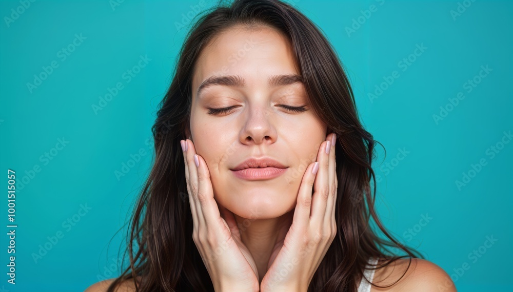 Serene Portrait of a Young Woman with Long Dark Hair Against a Teal Background Serene Portrait of a Young Woman with Long Dark Hair Against a Teal Background
