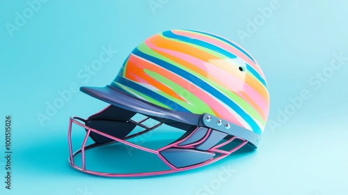 It features a metallic faceguard and black interior padding. The helmet features yellow, orange, red, and blue stripes. photo