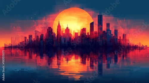 Abstract city skyline at sunset with vivid red and orange hues