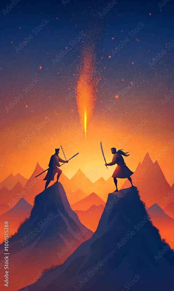 Sword duel between two samurai on a mountain peak at sunset. Sword duel between two samurai on a mountain peak at sunset.