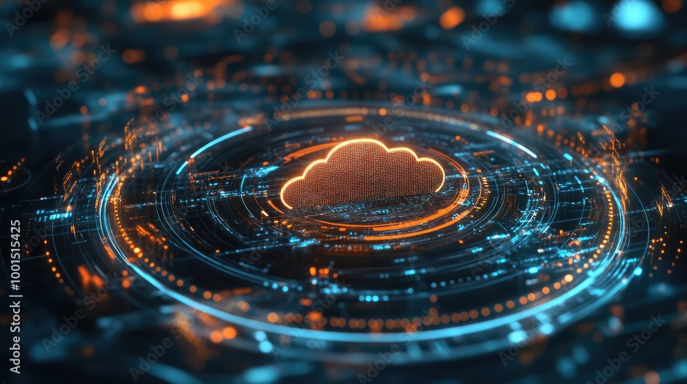 Sleek digital network with a central cloud logo, representing advanced technology and seamless data integration Sleek digital network with a central cloud logo, representing advanced technology and seamless data integration