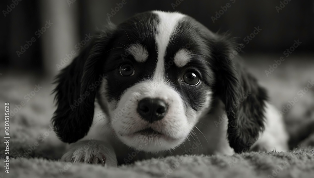 Black-and-white image of an adorable puppy indoors. Black-and-white image of an adorable puppy indoors.