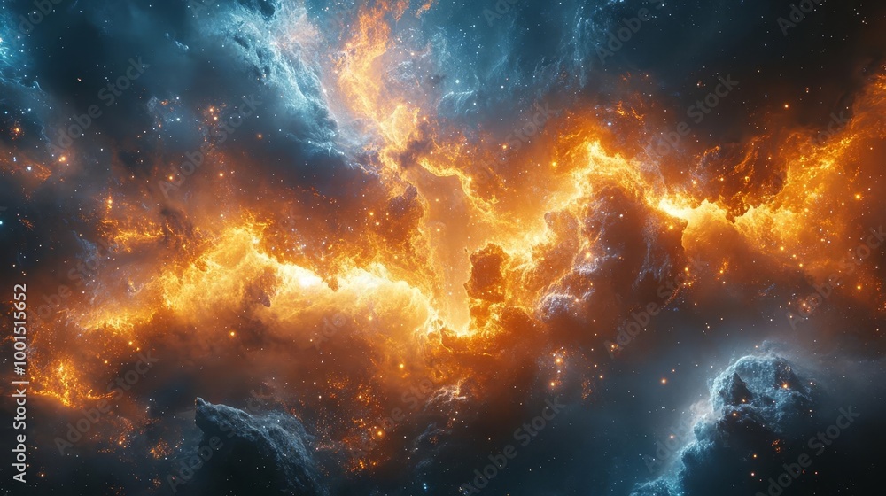 Naklejka premium Vibrant cosmic nebula with orange and blue hues