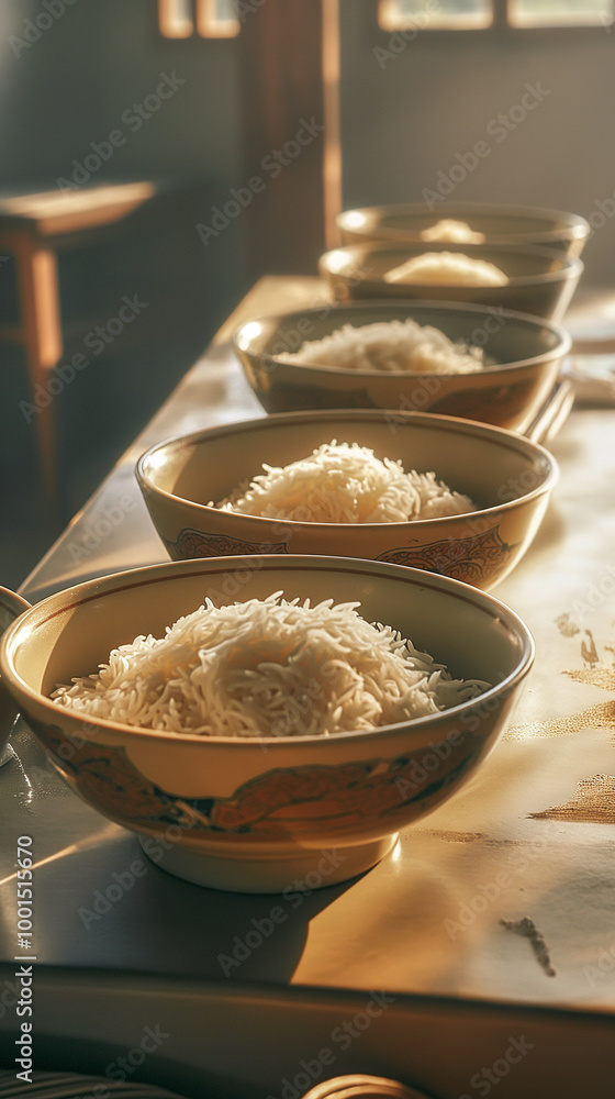 Rice bowl served on wooden table with steam ready for meal in a traditional dining setting Rice bowl served on wooden table with steam ready for meal in a traditional dining setting