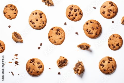 Chocolate chip cookies Flying in the air for design Background 