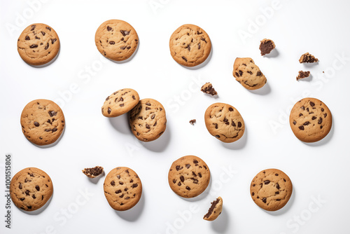 Chocolate chip cookies Flying in the air for design Background 