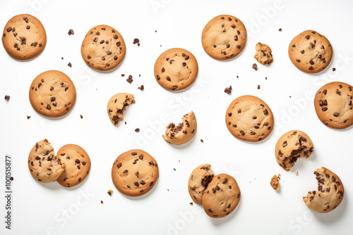 Chocolate chip cookies Flying in the air for design Background 