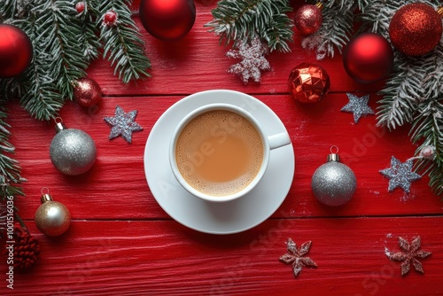 Festive coffee break with Christmas decorations on red background