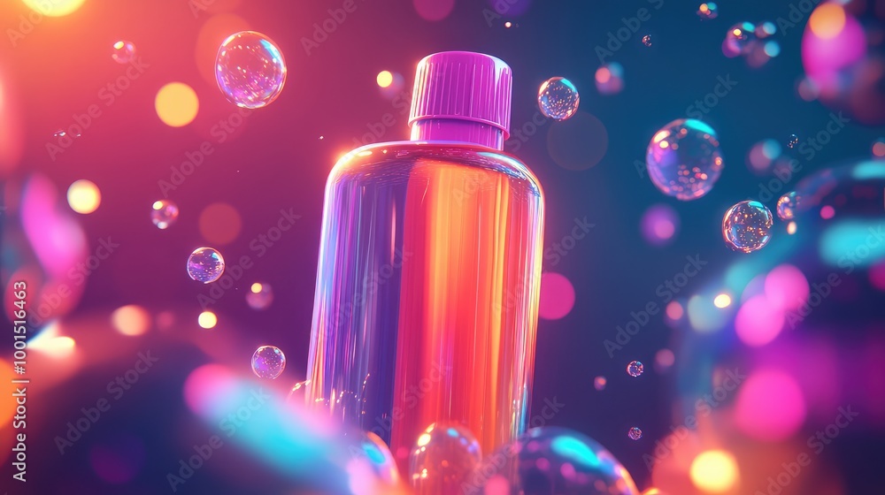 A vibrant 3D depiction of a shampoo bottle in motion, surrounded by abstract light trails and floating bubbles with glowing edges A vibrant 3D depiction of a shampoo bottle in motion, surrounded by abstract light trails and floating bubbles with glowing edges