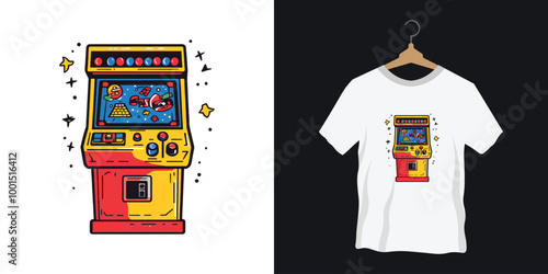 A colorful vector illustration of a vintage arcade machine gaming t-shirt design
