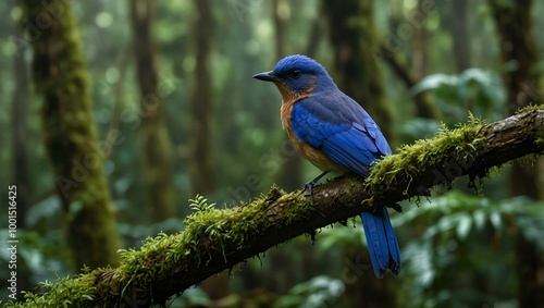 Blue bird on a mossy branch in a tropical rainforest.