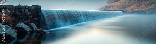 Waterfall cascading over stone wall.