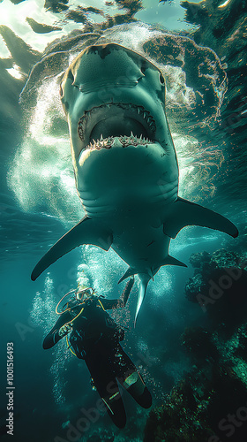 Scuba diver encounters a dangerous shark underwater in the ocean, showcasing marine wildlife and adventure photo