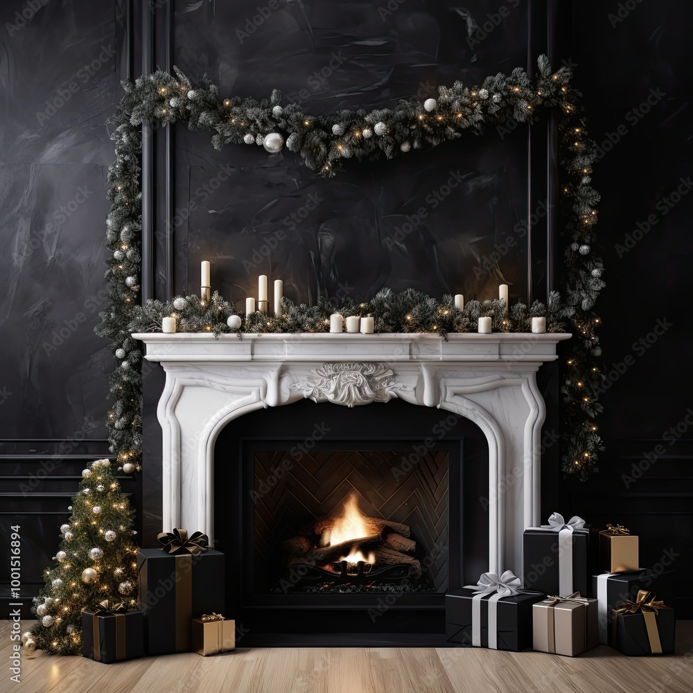 Modern fireplace with Christmas tree and wreath decor Modern fireplace with Christmas tree and wreath decor