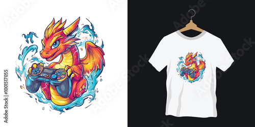 T-shirt Design with  an anime-style dragon holding a game controller with glowing energy around it