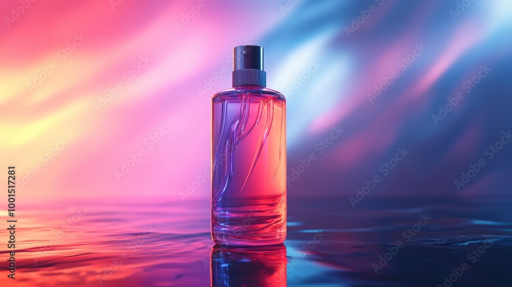 An abstract 3D visualization of a shampoo bottle with flowing liquid-like textures, placed on a glossy surface with subtle glowing accents An abstract 3D visualization of a shampoo bottle with flowing liquid-like textures, placed on a glossy surface with subtle glowing accents
