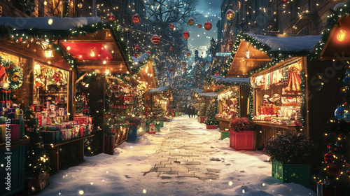 Snowy Christmas market at night with festive lights and decorated stalls