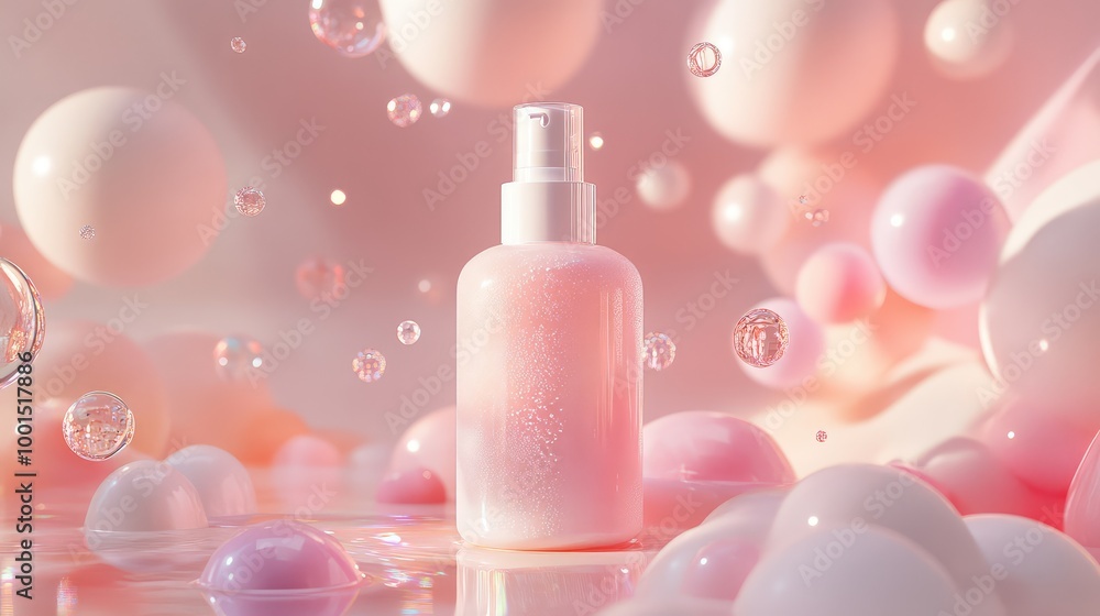 An ethereal 3D rendering of a shampoo bottle surrounded by floating transparent shapes and soft pastel lights An ethereal 3D rendering of a shampoo bottle surrounded by floating transparent shapes and soft pastel lights