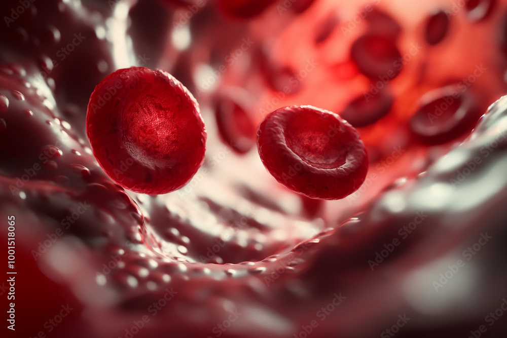 Detailed image of blood cells and red cells flowing through a vascular tunnel in human biology Detailed image of blood cells and red cells flowing through a vascular tunnel in human biology