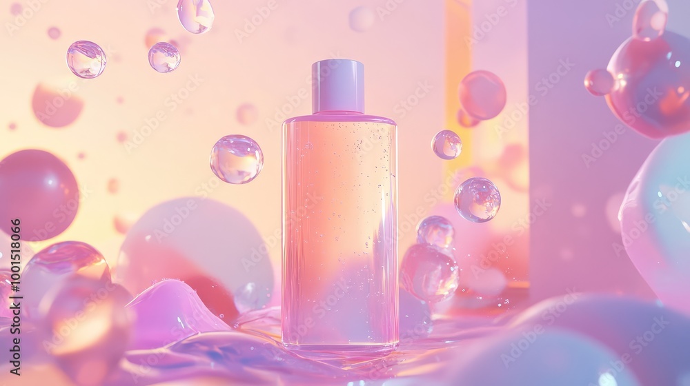 An ethereal 3D rendering of a shampoo bottle surrounded by floating transparent shapes and soft pastel lights An ethereal 3D rendering of a shampoo bottle surrounded by floating transparent shapes and soft pastel lights