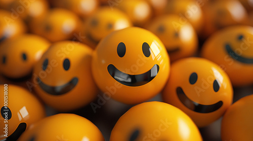 Bright happy orange smiley emojis with many yellow faces on a fun background