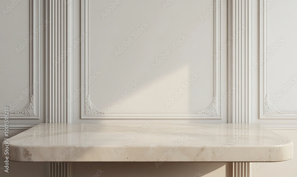 Beige tabletop on classic wall panels background. Empty concrete countertop for cosmetics, drinks and food presentation. Clean marble desk for advertising design, Beige tabletop on classic wall panels background. Empty concrete countertop for cosmetics, drinks and food presentation. Clean marble desk for advertising design,