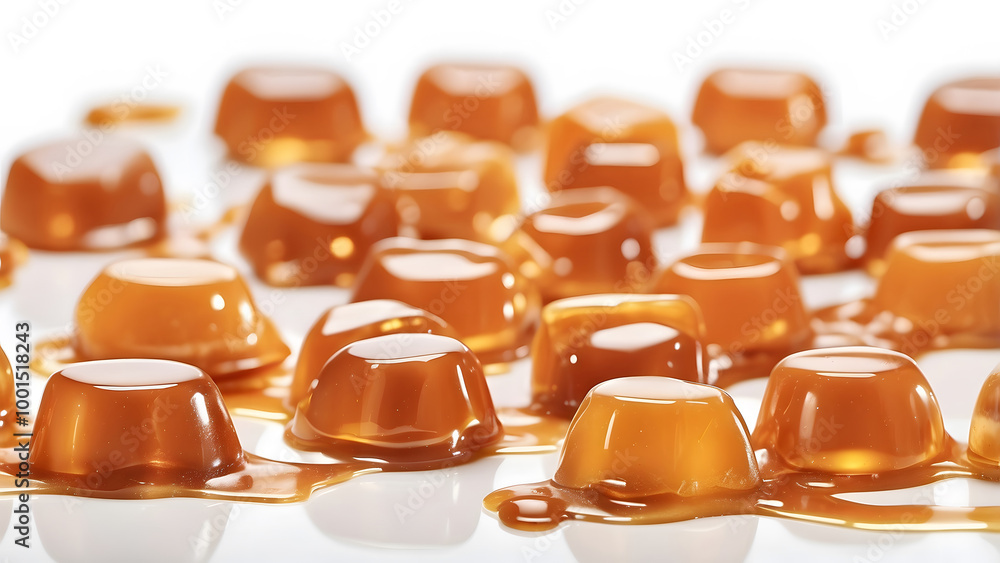 Caramel candies with caramel sauce on a white background Caramel candies with caramel sauce on a white background
