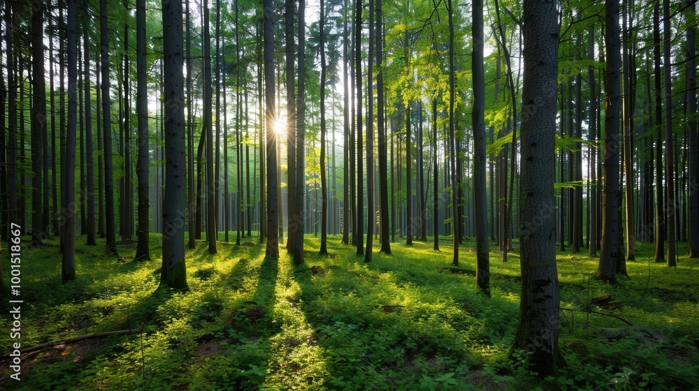 Fototapeta premium Sunlit Forest Serenity, a peaceful woodland scene where gentle rays of light break through a lush green canopy, creating a calming atmosphere amidst nature's beauty