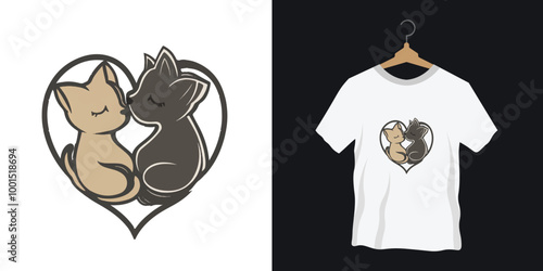 A heartwarming vector logo of a dog and cat snuggling together for t-shirt design