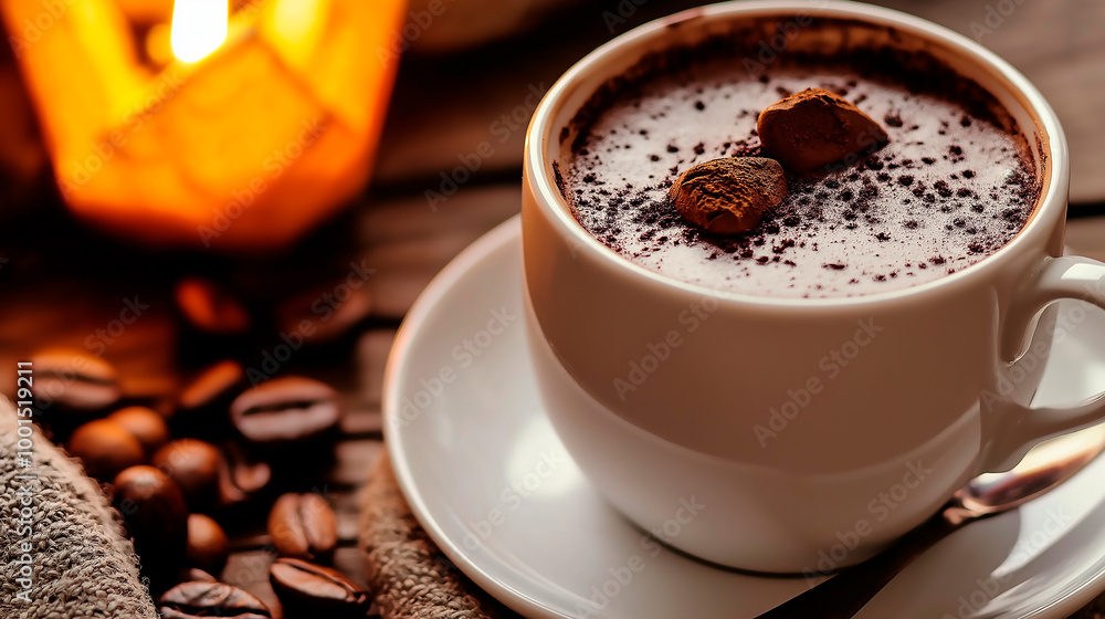 Fototapeta premium Hot coffee served in mug, winter christmas athmosphere