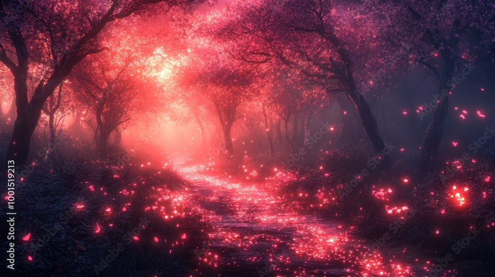 Enchanted Forest Path Illuminated by Magical Pink Light, Creating a Dreamlike Fantasy Scene Enchanted Forest Path Illuminated by Magical Pink Light, Creating a Dreamlike Fantasy Scene