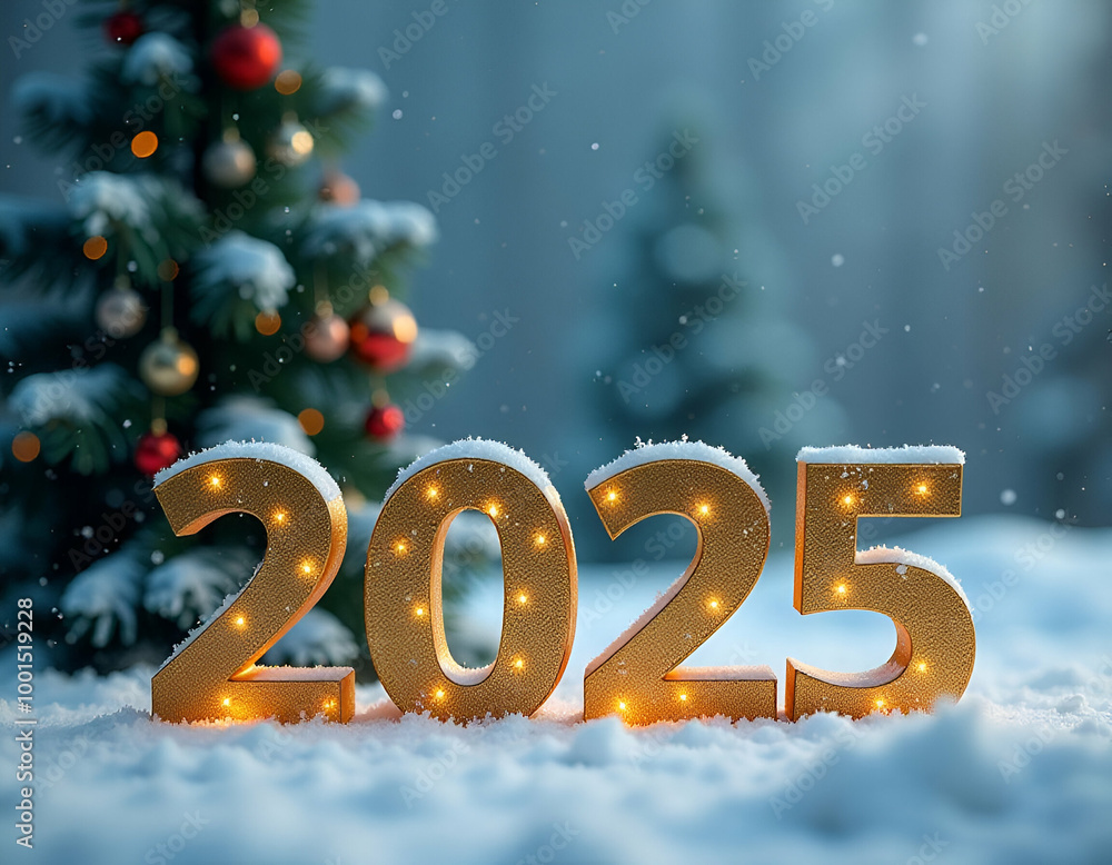 A snowy winter scene with a Christmas tree, ornaments, and large golden numbers A snowy winter scene with a Christmas tree, ornaments, and large golden numbers