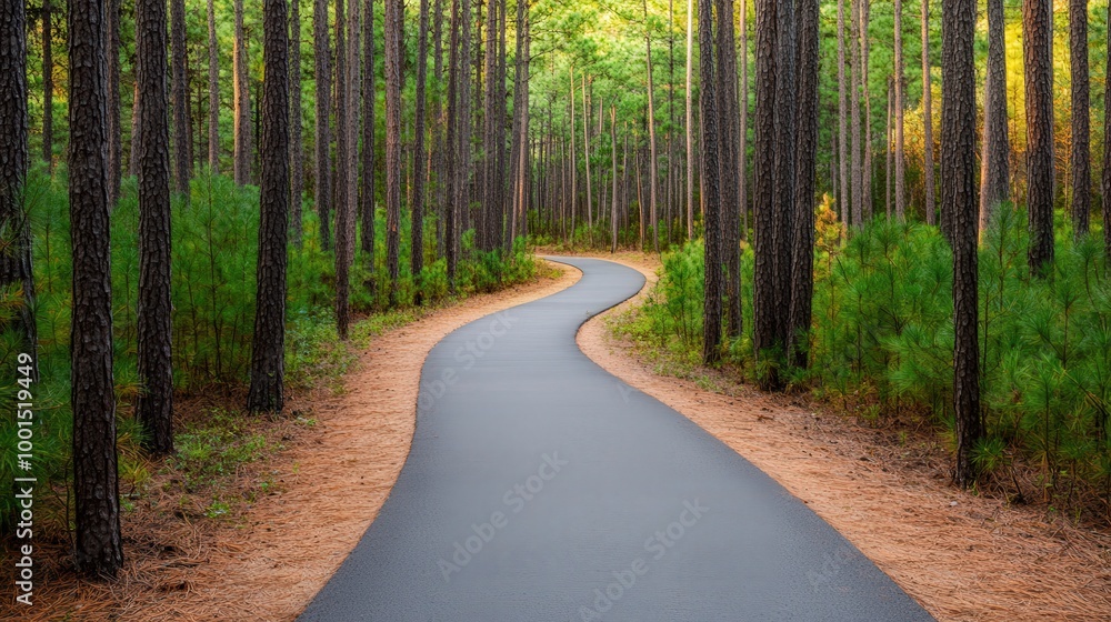 Fototapeta premium Tranquil cycling trail meandering through a lush pine forest, inviting exploration and connection with nature.