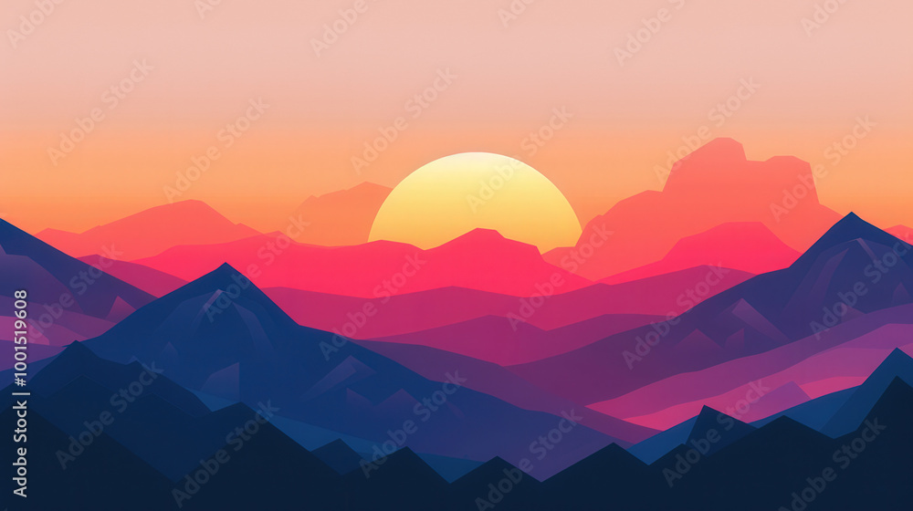 Vibrant Mountain Sunset, a captivating flat design illustration showcasing a breathtaking sunset behind majestic mountains, filled with striking colors that evoke tranquility and wonder. Vibrant Mountain Sunset, a captivating flat design illustration showcasing a breathtaking sunset behind majestic mountains, filled with striking colors that evoke tranquility and wonder.