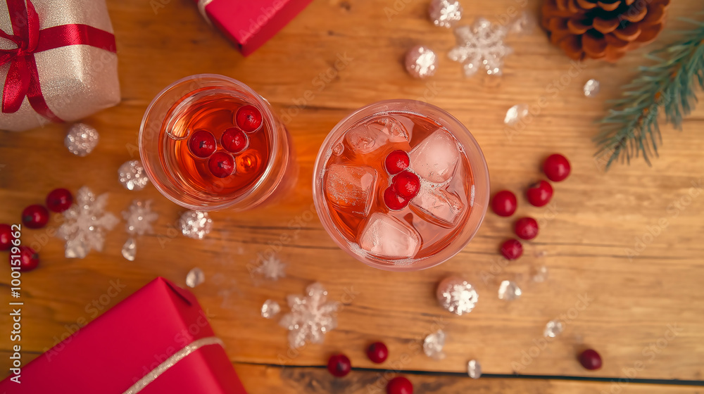 Glasses of cocktails with berries on Christmas decoration background Glasses of cocktails with berries on Christmas decoration background