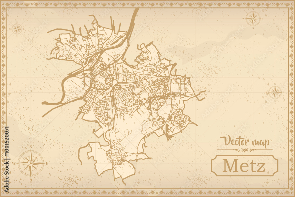 Obraz premium Map of Metz in the old style, brown graphics in retro fantasy style. city in France.