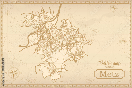 Map of Metz in the old style, brown graphics in retro fantasy style. city in France.