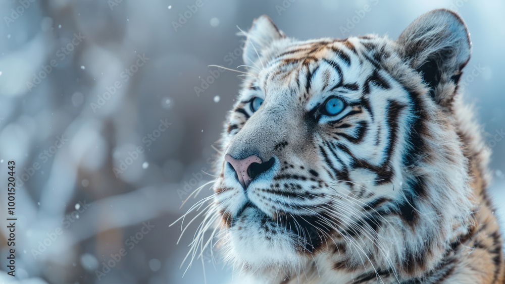 Fototapeta premium Majestic white tiger with blue eyes gazing into the snow-filled sky