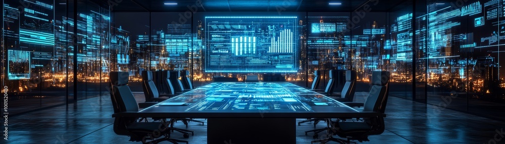Obraz premium A sleek, futuristic conference room features a high-tech table, illuminated screens, and a cityscape view, emphasizing technology and collaboration.