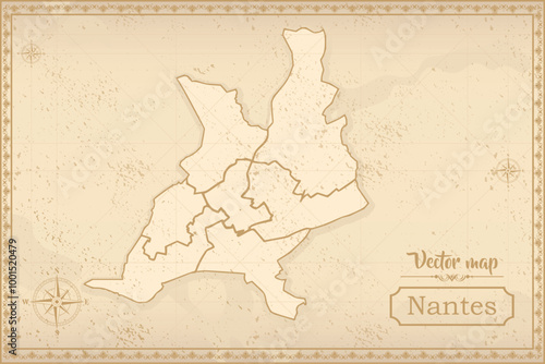 Map of Nantes in the old style, brown graphics in retro fantasy style. city in France.